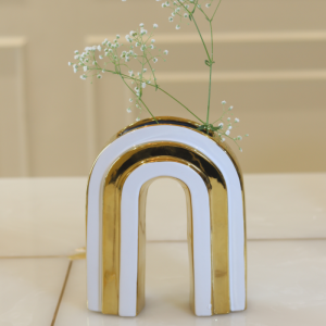 Gold & White Arch Vase Artefact – Modern Minimalist Decorative Sculpture For Home & Office